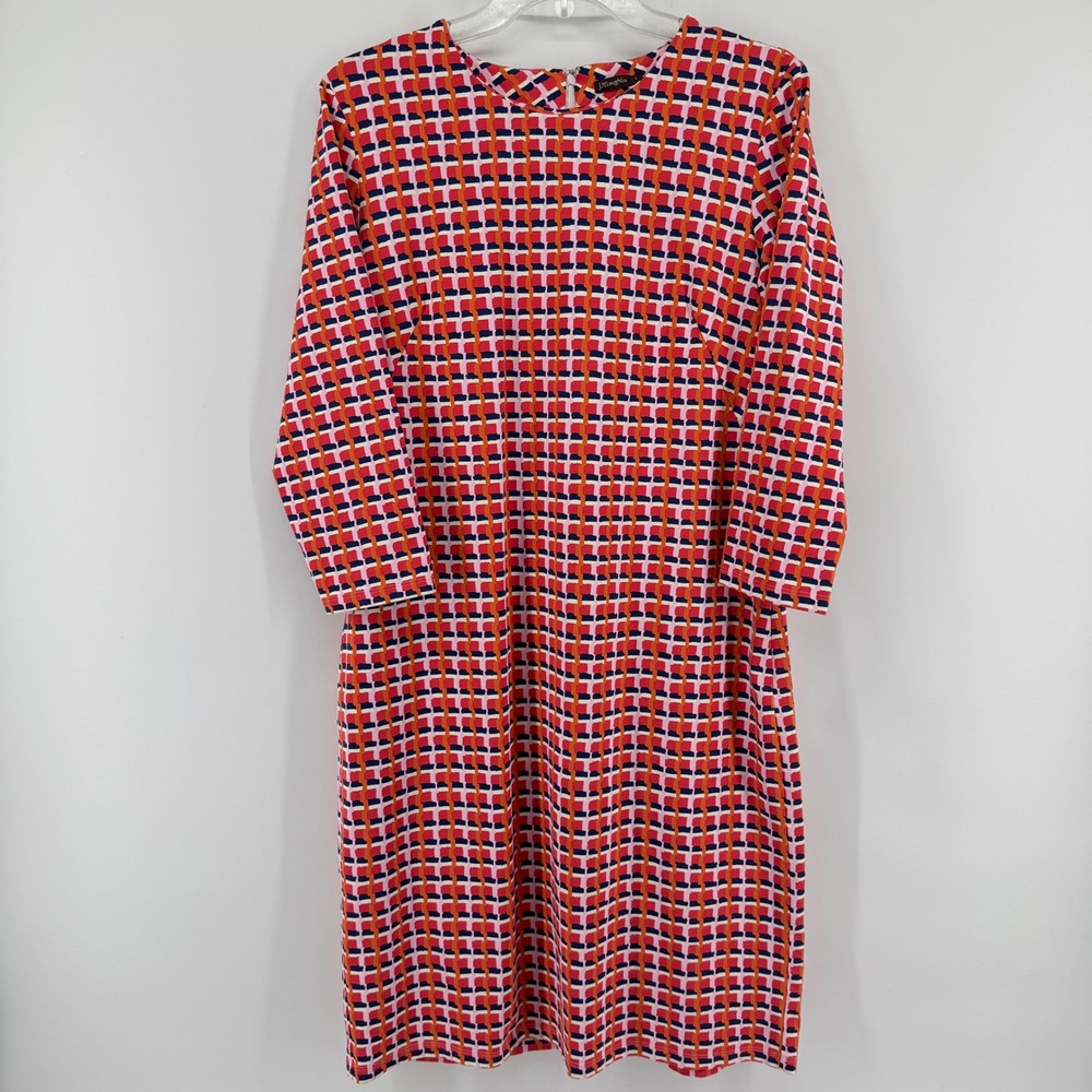J.McLaughlin Shift Dress Womens Large Orange Pink Geometric 3/4 Sleeve Stretch